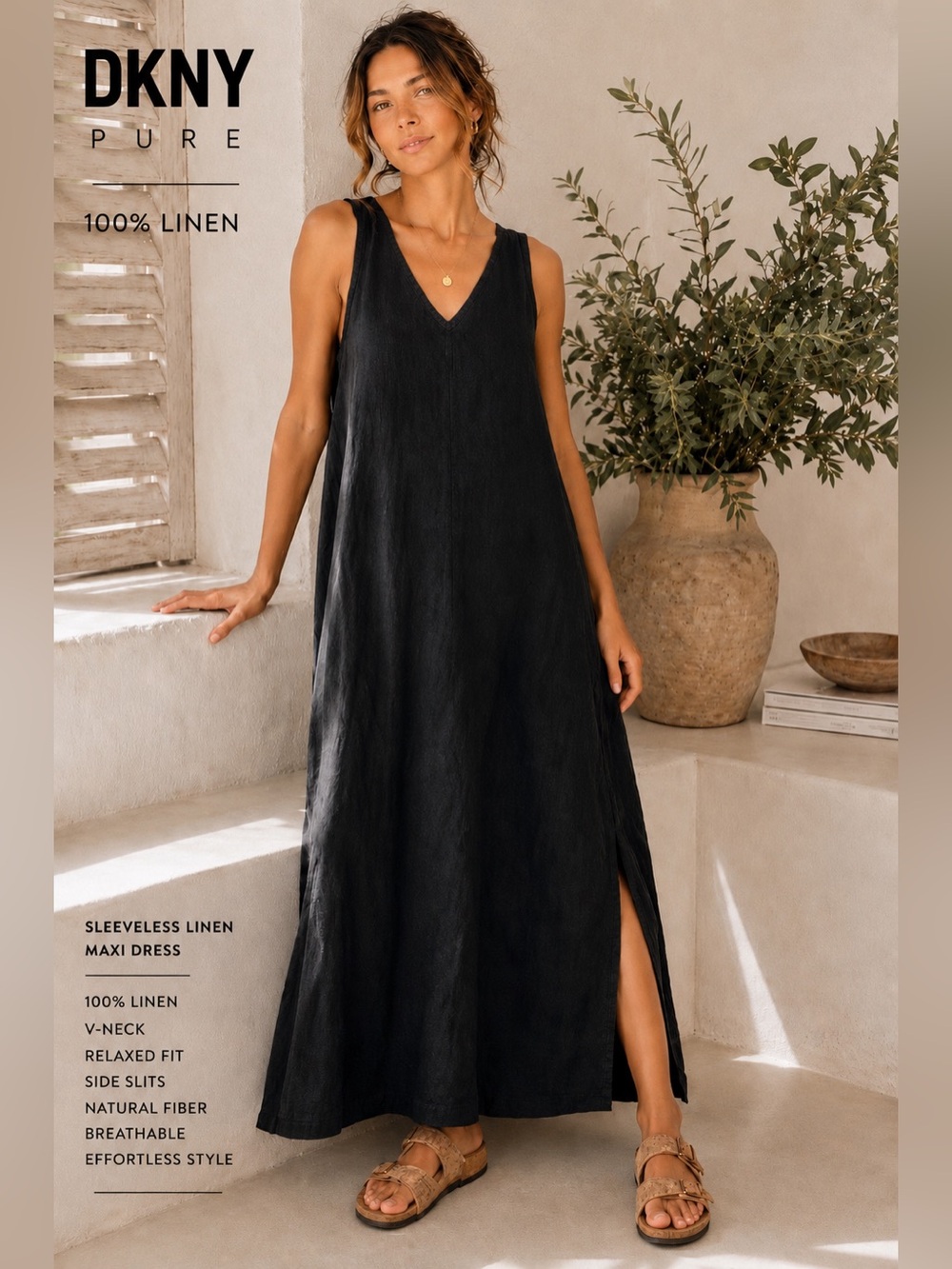 DKNY Pure 100% Linen Black Maxi Dress XL Coastal Minimalist V Neck Lagenlook